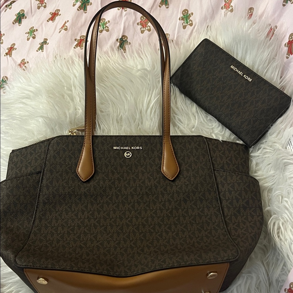 Michael Kors Dark Brown and Tan Tote with Wallet